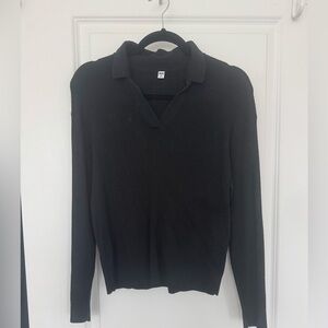 Black Ribbed Collared Knit Long Sleeve Top